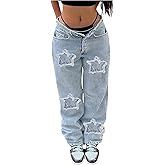 SweatyRocks Women's Casual Straight Leg Jeans Y2K Star Patchwork Denim Pants Streetwear