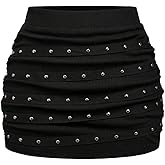 MakeMeChic Women's Black Mini Skirt Y2K Rivet Bodycon Party Rib Knitted Punk Short Skirts