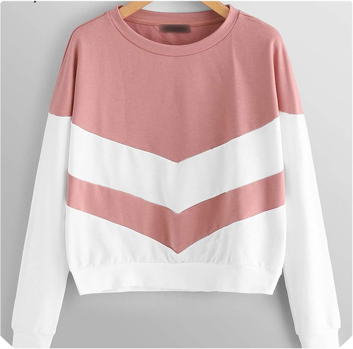 Pink Two Tone Colorblock Basic Pullover Sweatshirts Long Sleeve Preppy