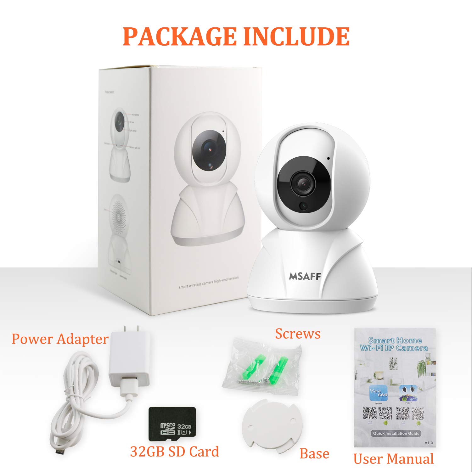 FullHD 1080p WiFi Camera, MSAFF Wireless Pan/Tilt/Zoom Home Security Camera for Baby Pet, IP Monitor Indoor Surveillance System with 32GB MicroSD Card, Night Version & 2-Way Audio, Android, iOS App