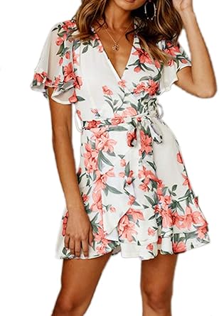 v neck floral wrap dress