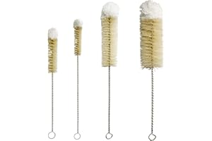 NewFerU Stainless Steel Soda Bottle Cleaning Brush Set in Natural Boar Bristle Wool Tip Long Handle, Flexible Bendable Thick Wire Cleaner for Narrow Neck Water Baby Bottles Straw Pipe Tube Flask (4)