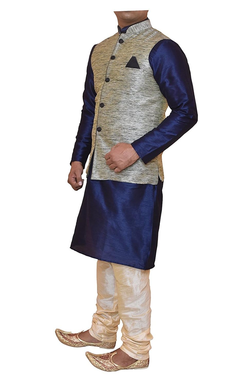 modern garments navy blue kurta golden churidar pyjama with waistcoat