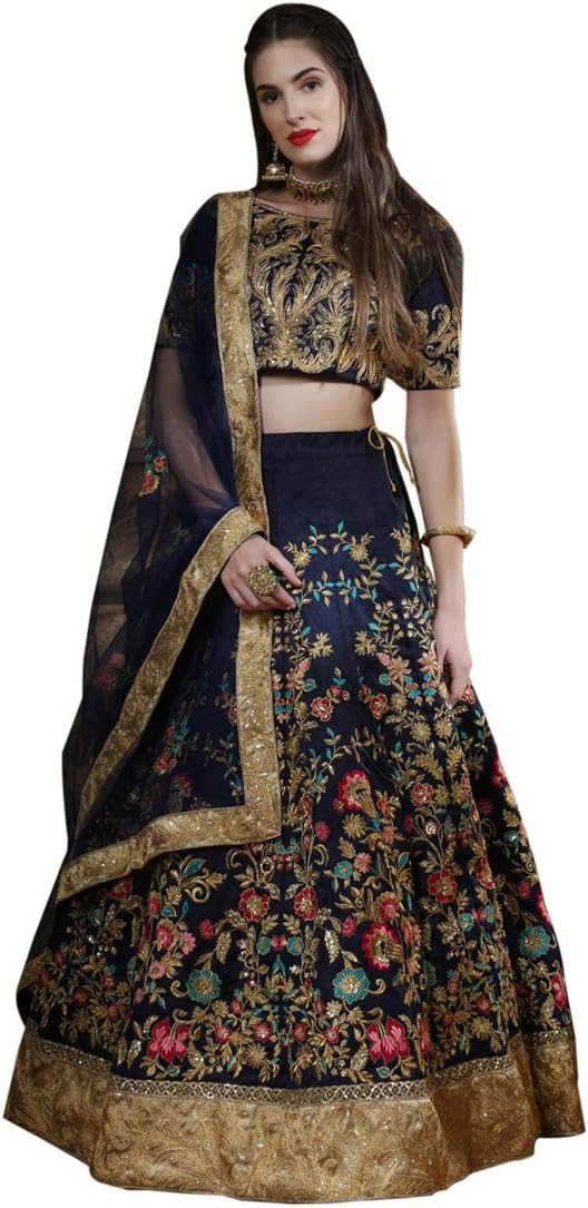 Niza Fashion Women's Taffeta Velvet Semi-Stitched Lehenga Choli (Niza Fashion_Blue_Free Size)