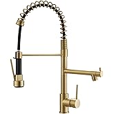 Brushed Gold Kitchen Faucet with Pull Down Sprayer, AIMADI Commercial Gold Kitchen Sink Faucet Single Handle Spring Two Nozzles Faucets