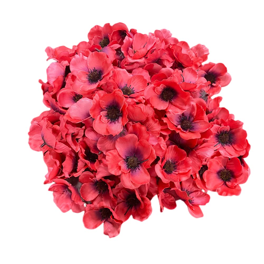 Rikyo 100 pcs Artificial Silk Poppy Anemone Flower Heads Autumn Fake Poppy Flower,Vase Fillers,Corsages for Wedding Decor,Nursery Wall,Archway Decor Wreath Garland Cake Ornaments (Rose Red)