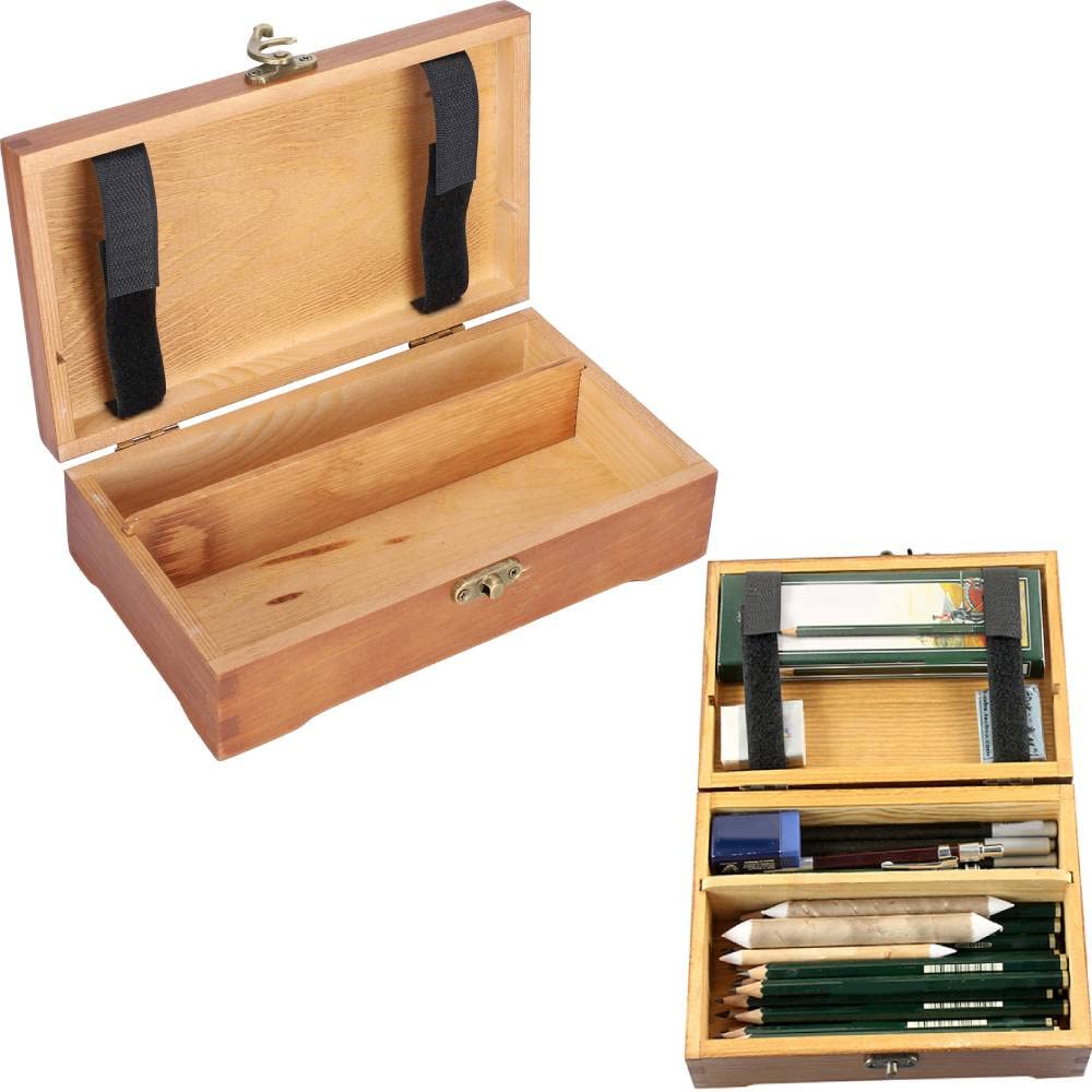 Hztyyier Wooden Pencil Case, Art Supplies Storage Organizer Box, 7.8 x 4.6 x 2.2 inches