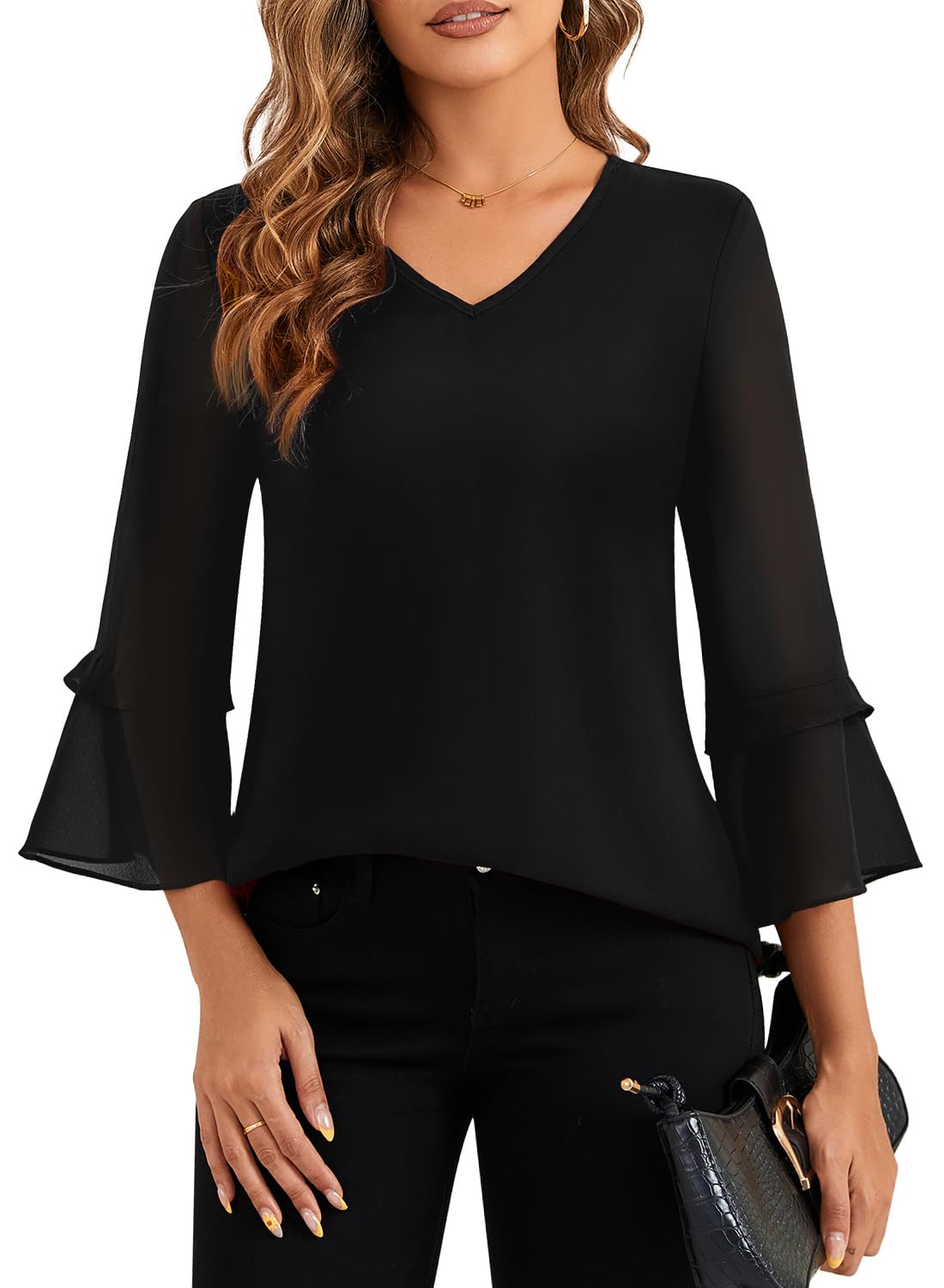 Neineiwu Tunic Tops for Women Loose Fit Dressy 3/4 Sleeve V Neck Black ...
