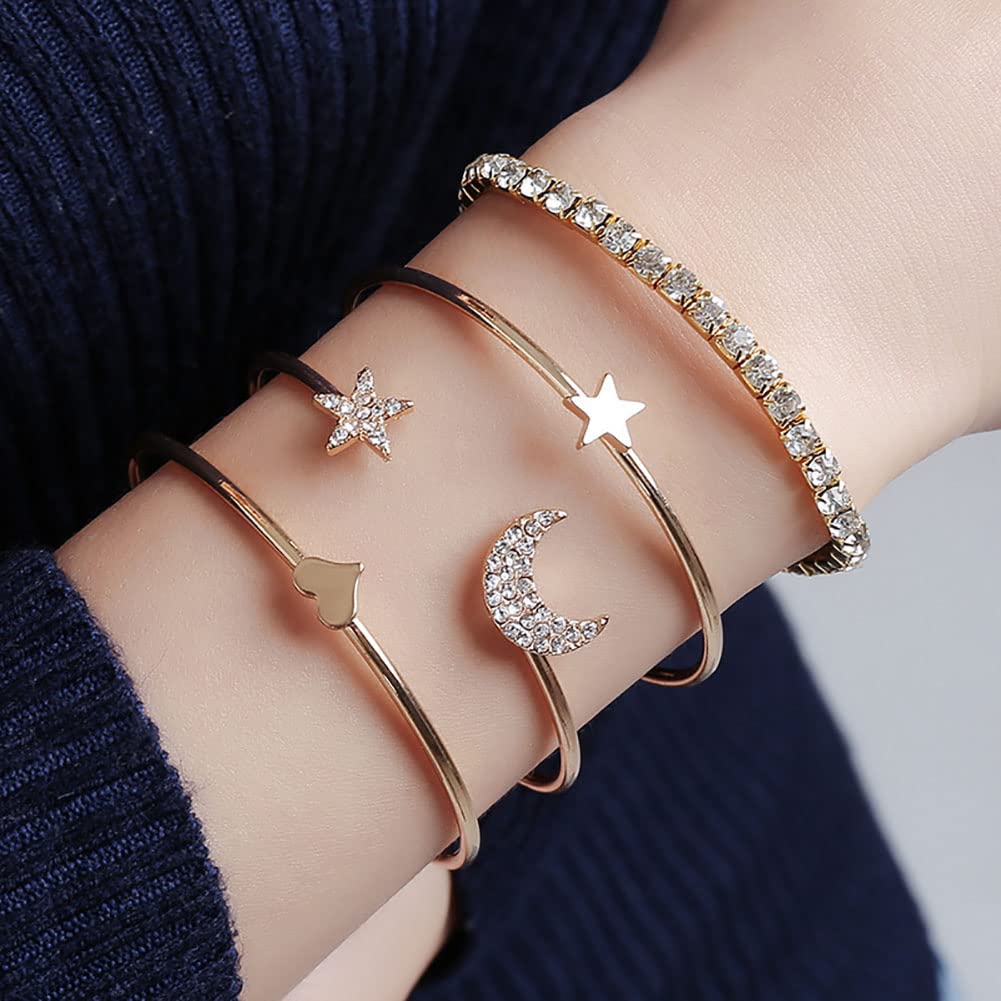 Carufin Star Moon Bracelet Boho Open Crystal Bangle Bracelets Set Jewelry for Women and Girls(Pack of 4) (Gold)
