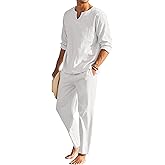 COOFANDY Men's 2 Pieces Cotton Linen Set Henley Shirt Long Sleeve and Casual Beach Pants Summer Yoga Outfits