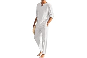 COOFANDY Men's 2 Pieces Cotton Linen Set Henley Shirt Long Sleeve and Casual Beach Pants Summer Yoga Outfits