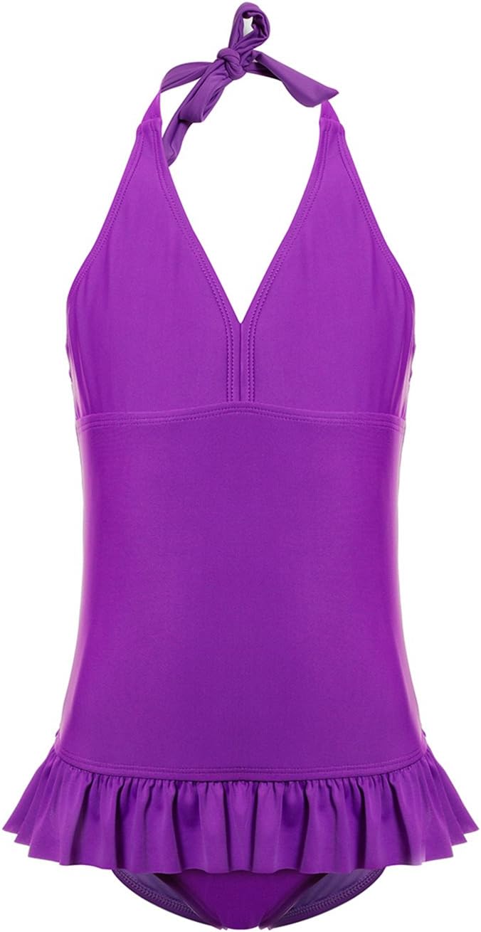 DAYU Girls Swimsuit One Piece Swimsuit Beachwear Kids Swimwear - Purple -6-14