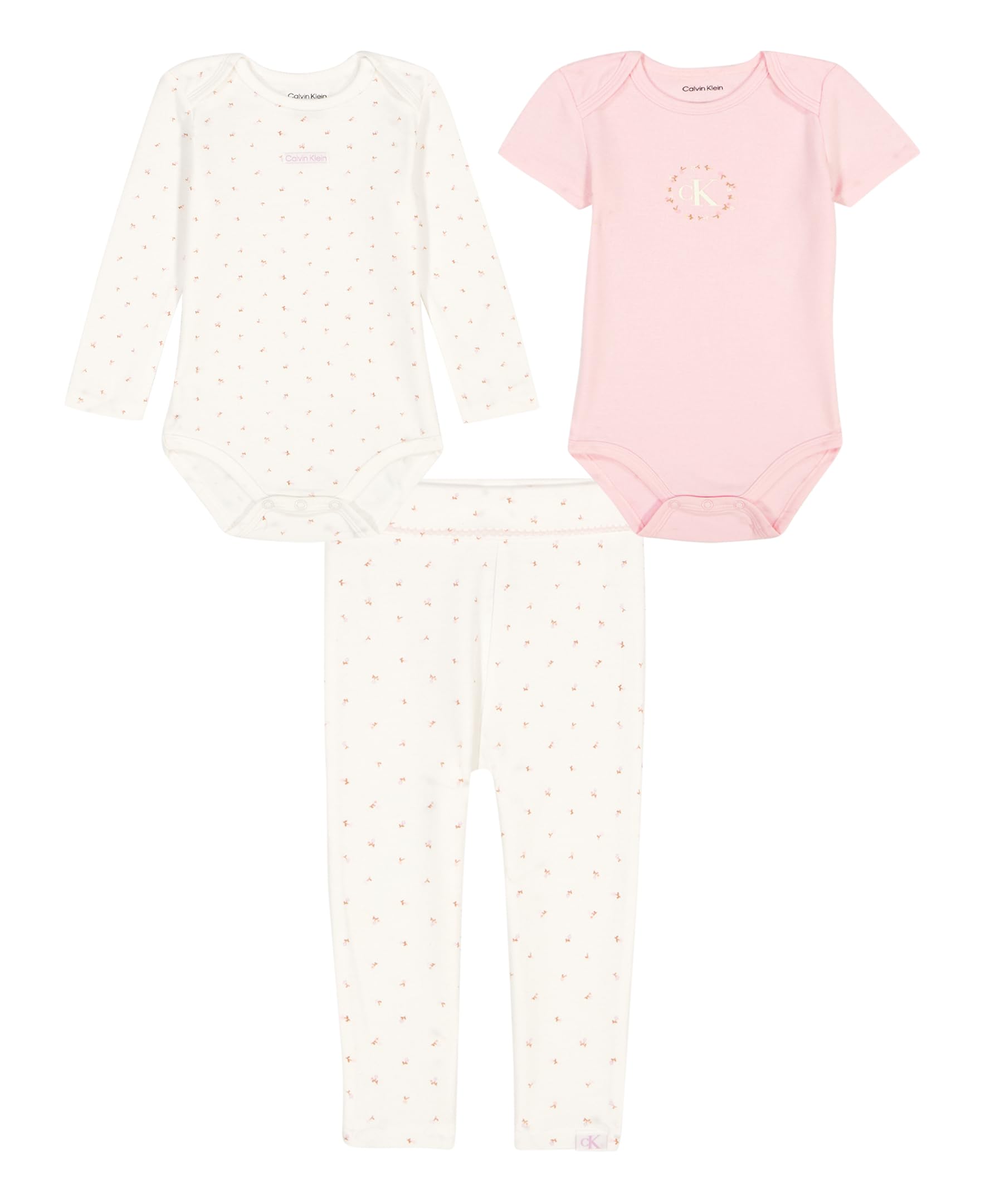 Calvin Klein Baby Girl’s 2-Pack Bodysuit with Pant, Egret/Light Lilac, 6-9 Months