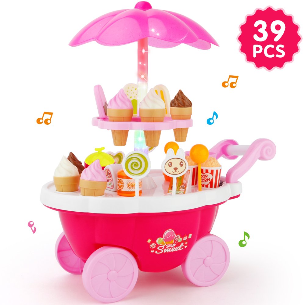 JoyGrow Ice Cream Cart 39 PCS Pretend Play Food Dessert and Candy Trolley Set Toy with Music and Lighting Toys for Girls and Kids.