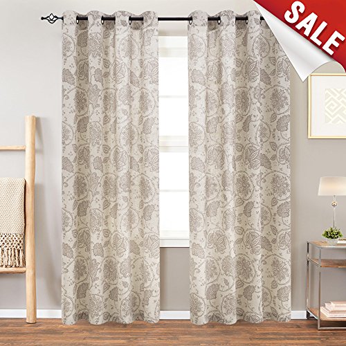 jinchan Floral Scroll Printed Linen Curtains, Grommet Top - Ikat Flax Textured Medallion Design Jacobean Curtains Retro Living Room Curtain Sets (Taupe, 50