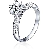 zemlite S925 Sterling Silver 1ct Diamond Promise Rings for Women, 6-Prong Diamond Ring, VVS1 D Color Round Cut, Valentine's Day Engagement Ring