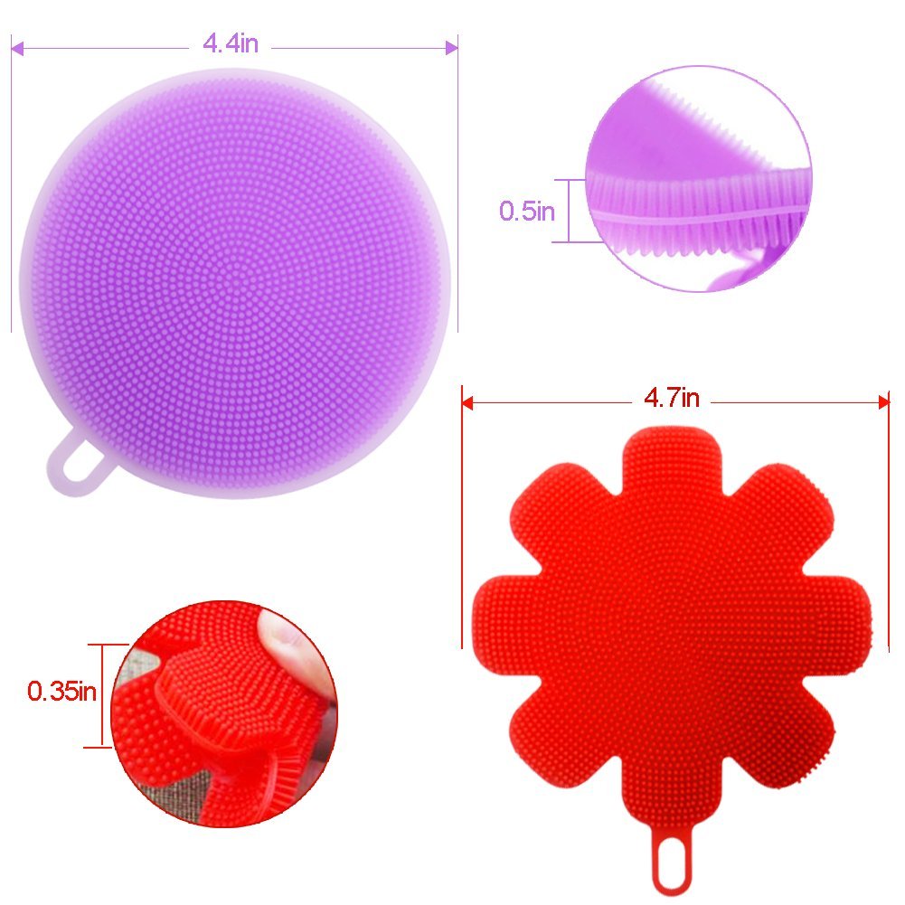 Silicone Sponge Multipurpose Antibacterial Silicone Scrubber for Kitchen Brush Pot Pan Dish Bowl -Wash Fruit and Vegetable -Pot Holder (4, Purple+red)