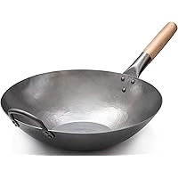 Craft Wok Flat Hand Hammered Carbon Steel Pow Wok with Wooden and Steel Helper Handle (14 Inch, Flat Bottom) / 731W316