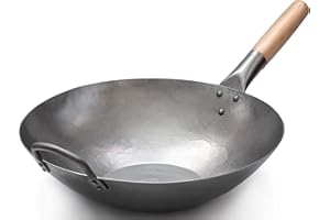 Craft Wok Flat Hand Hammered Carbon Steel Pow Wok with Wooden and Steel Helper Handle (14 Inch, Flat Bottom) / 731W316