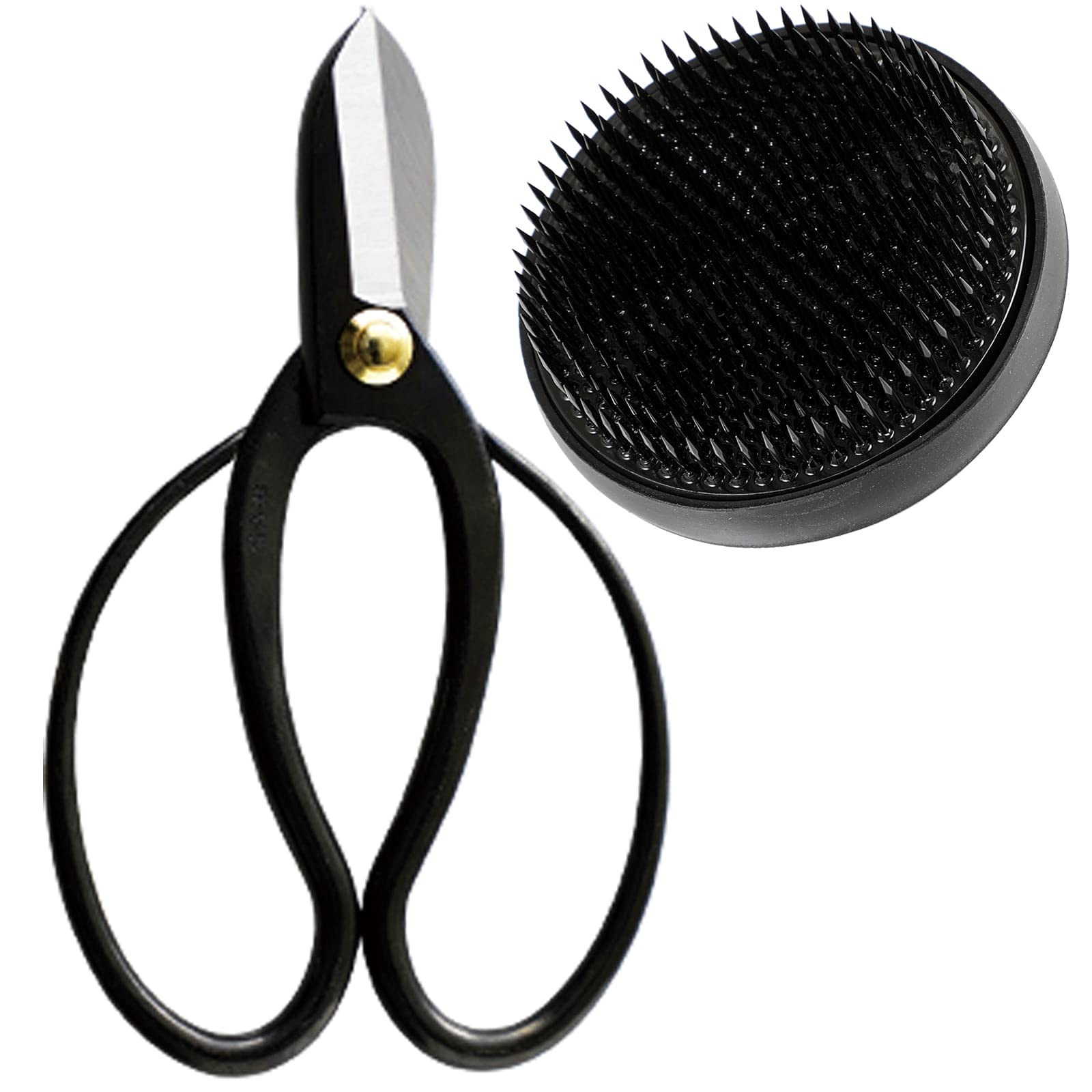 Wazakura 2PCS Japanese Ikebana Essential Tool Set Made in Japan, Floral Arrangement Kit [ Koryu Scissors + 80mm Round Black Kenzan ]