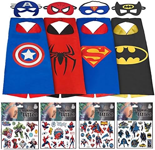 Halloween Superhero Costumes for Boys – 4 Capes and Masks + 4 Superhero Tattooes – Dress Up Kids Toys By MosquitoStation