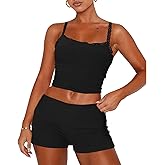 RUEWEY Womens Lace Trim Pajama Sets Sleeveless Crop Top and Fold Over Shorts 2 Piece Lounge Set PJ Set Tracksuit Outfits