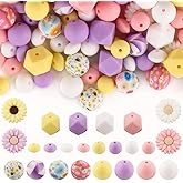 Sunrony 136Pcs Pink Purple Yellow Hexagon Lentil Print 12mm 14mm 15mm Silicone Beads for Keychain Making, 10mm Rhinestone Spacer Daisy Sunflower Silicone Focal Beads for Pens Crafts
