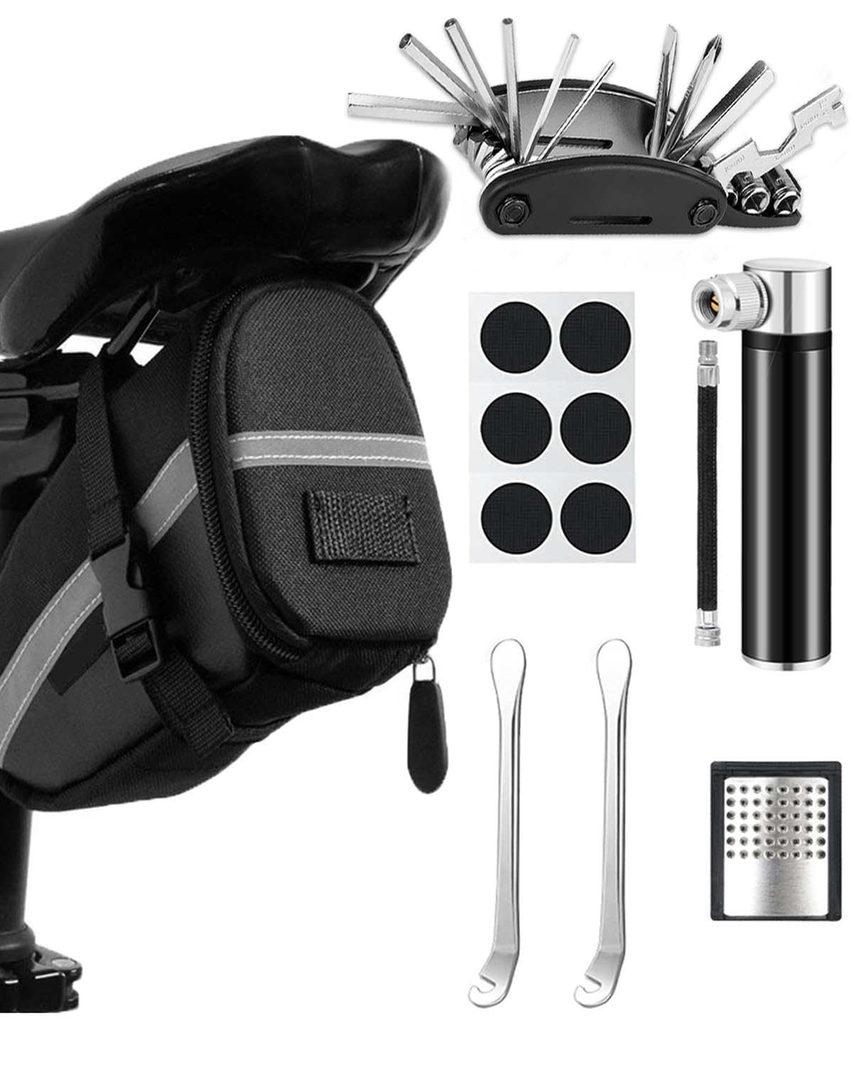 Bicycle Multitools 16-in-1 Bicycle Repair Tool Set, Foldable Multifunctional Tool MTB Repair Kit Tyre Lever with Saddle Bag