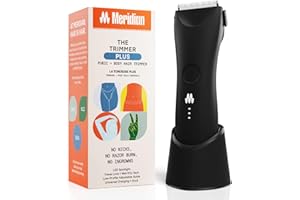 MERIDIAN Trimmer Plus Body Hair Manscaping Trimmer, Adjustable Guard, USB C Charging, Flash Light, Travel Lock, Charging Dock