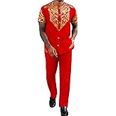 ZSJR Mens African 2 Piece Set Nigerian Dashiki Metallic Short Sleeve Suit Gold Stamp Printed Shirt and Pants Outfit