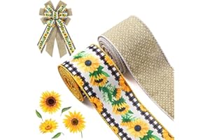 2 Rolls Spring Sunflower Ribbons Wired for Wreath Bows Wrapping Gifts, Burlap Dots Ribbon for Gift Wrapping Birthday Party De