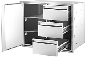POPMOON 304 Stainless Steel Outdoor Kitchen Drawer Combo-28''W x 22''H x 19.5''D, Triple Storage Drawers & Access Door, Brushed Finish for BBQ Island