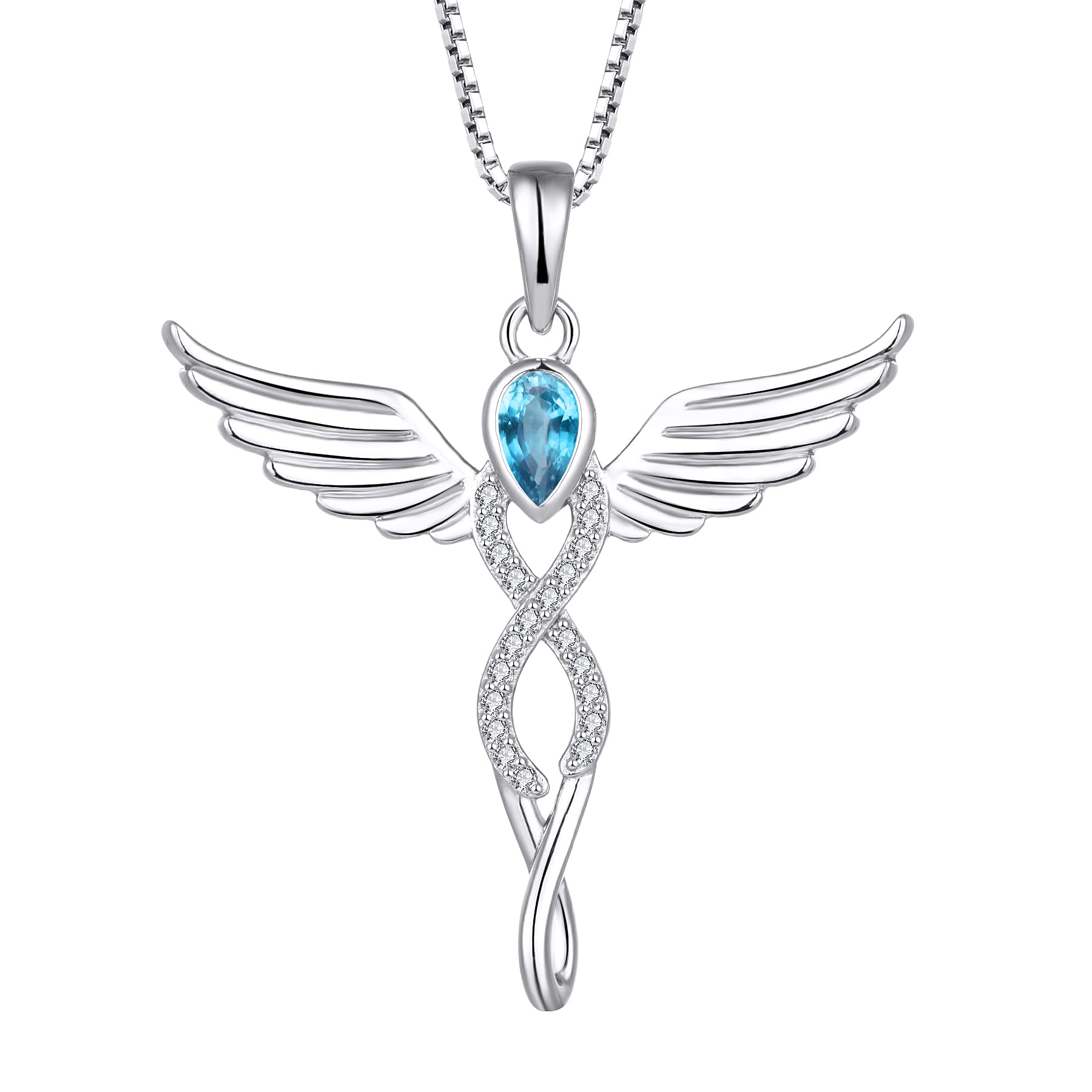 FJ Guardian Angel Necklace 925 Sterling Silver Infinity Angel Wings Pendant Aquamarine Necklace March Birthstone Jewellery for Women