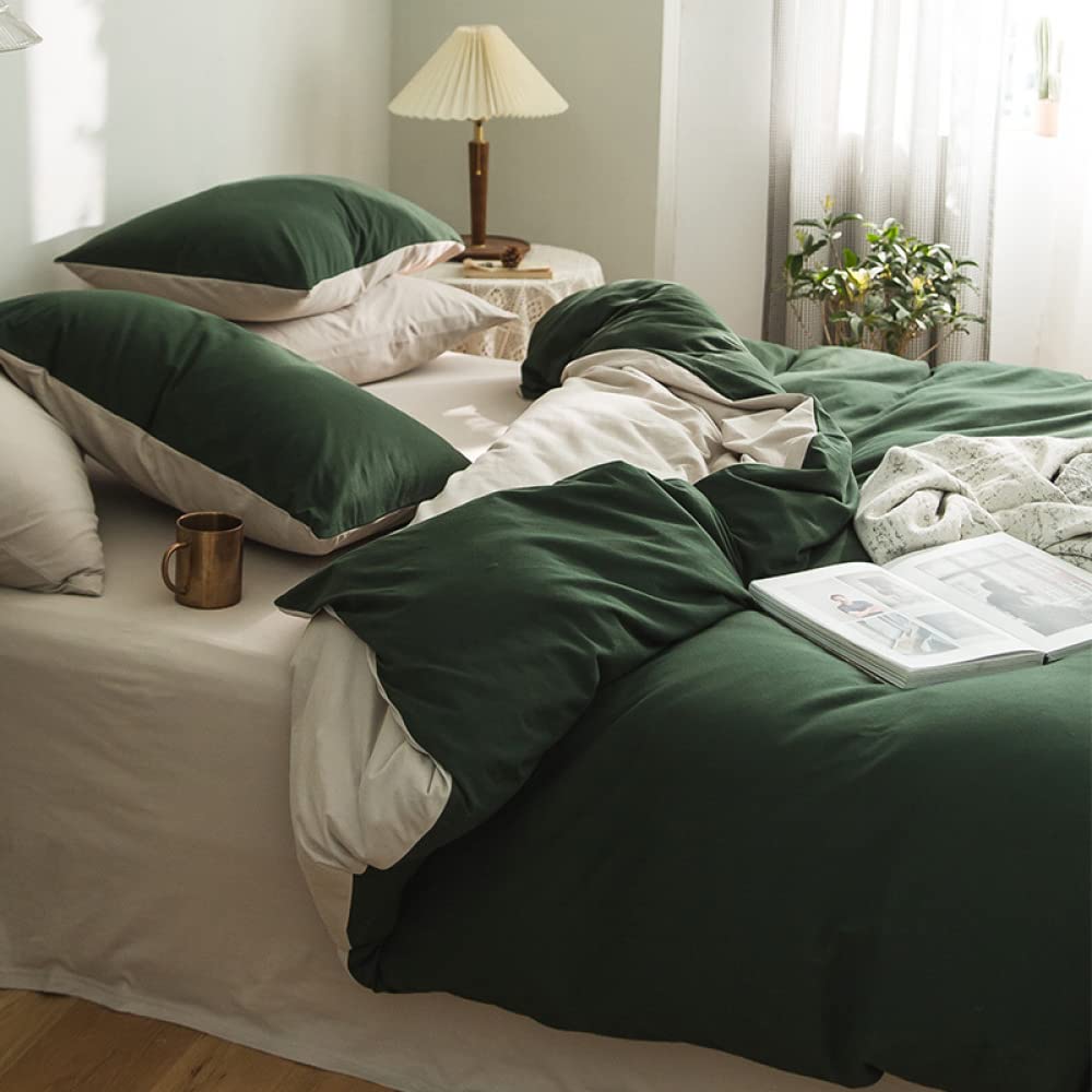 Lanqinglv King Size Duvet Cover Set Dark Green and Apricot Reversible Bedding Set Microfiber Quilt Cover 220x240cm with Zipper Closure and 2 Pillowcases 50x75cm