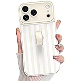 KANGHAR Compatible with iPhone 17 Pro Max Case 2025, Silicone Stripes Cute Pattern, Wristband Kickstand Camera Protection Soft Slim Cover for Girls Women -White