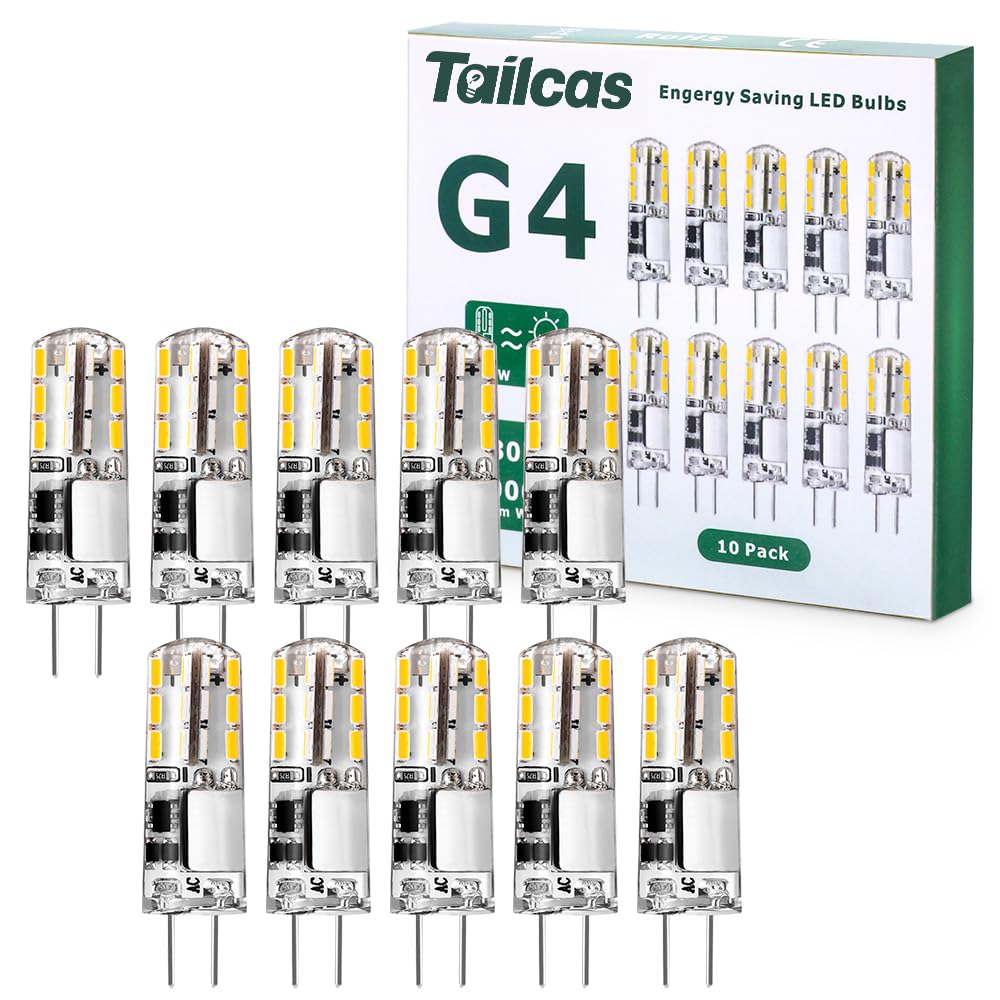 Tailcas G4 LED Bulbs, 1.5W 12V Mini Capsule Light Bulb AC/DC (20W Halogen G4 Lamp Equivalent), Bi-Pin Base JC Type Non-dimmable for Lighting Decor, Chandelier Home 10Pack (Warm White)