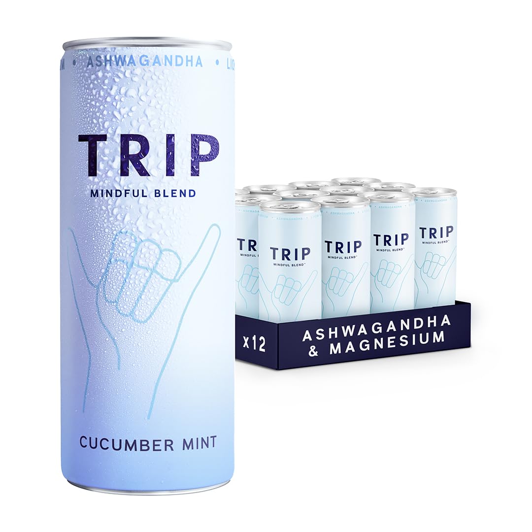 TRIP Mindful Blends - Cucumber Mint Sparkling drink with Magnesium Citrate + Ashwagandha + Lion’s Mane + L-theanine. Low Calorie and Vegan (Pack of 12 x 250ml) - Packaging Might Vary