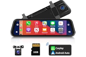 Caesueda Mirror Dash Cam with Wireless Apple CarPlay Android Auto, 9.66" HD IPS Touchscreen CarPlay Car Mirror Dash with Front & Rear Camera, Loop Recording, Parking Assistant, Voice Control, TF Card