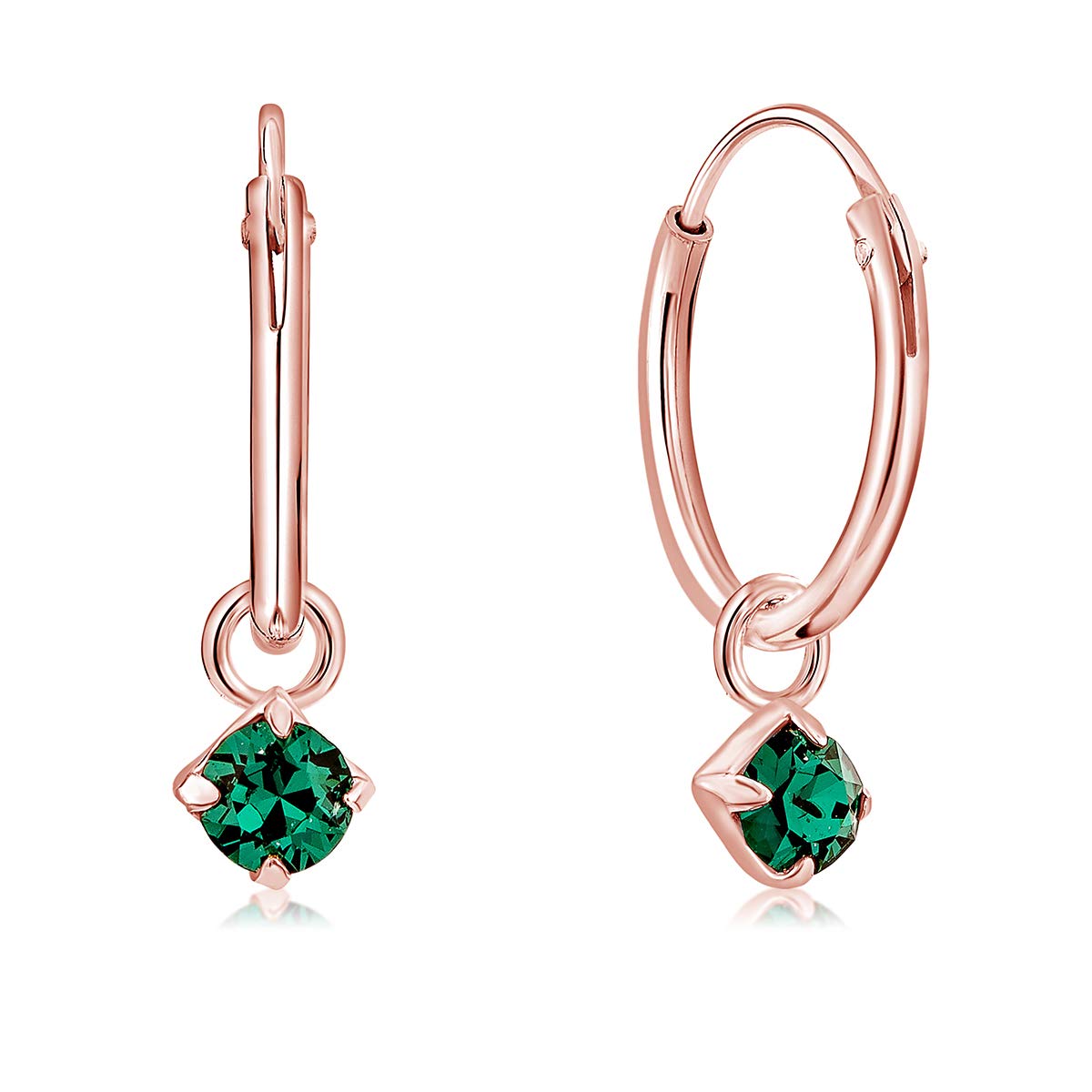 DTPsilver® 925 Sterling Silver Rose Gold Plated SMALL Hoops Earrings & Round Dangling 3 mm Crystals from Swarovski® Elements - Thickness 1.2 mm - Diameter: 12 mm - Colour : Green Emerald