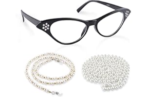Kyerivs Old Lady Costume Accessories for Kids Women 100th Day of School Granny Dress Up with Cat Eye Glasses Rhinestone Sunglass Chain Beaded Faux Pearl Necklace for Girls Boys Adults
