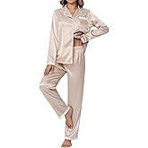 Ekouaer Satin Pajamas for Women Silk Long Sleeve Sleepwear Button Down Loungewear 2 Pieces Lace Soft Pjs Set