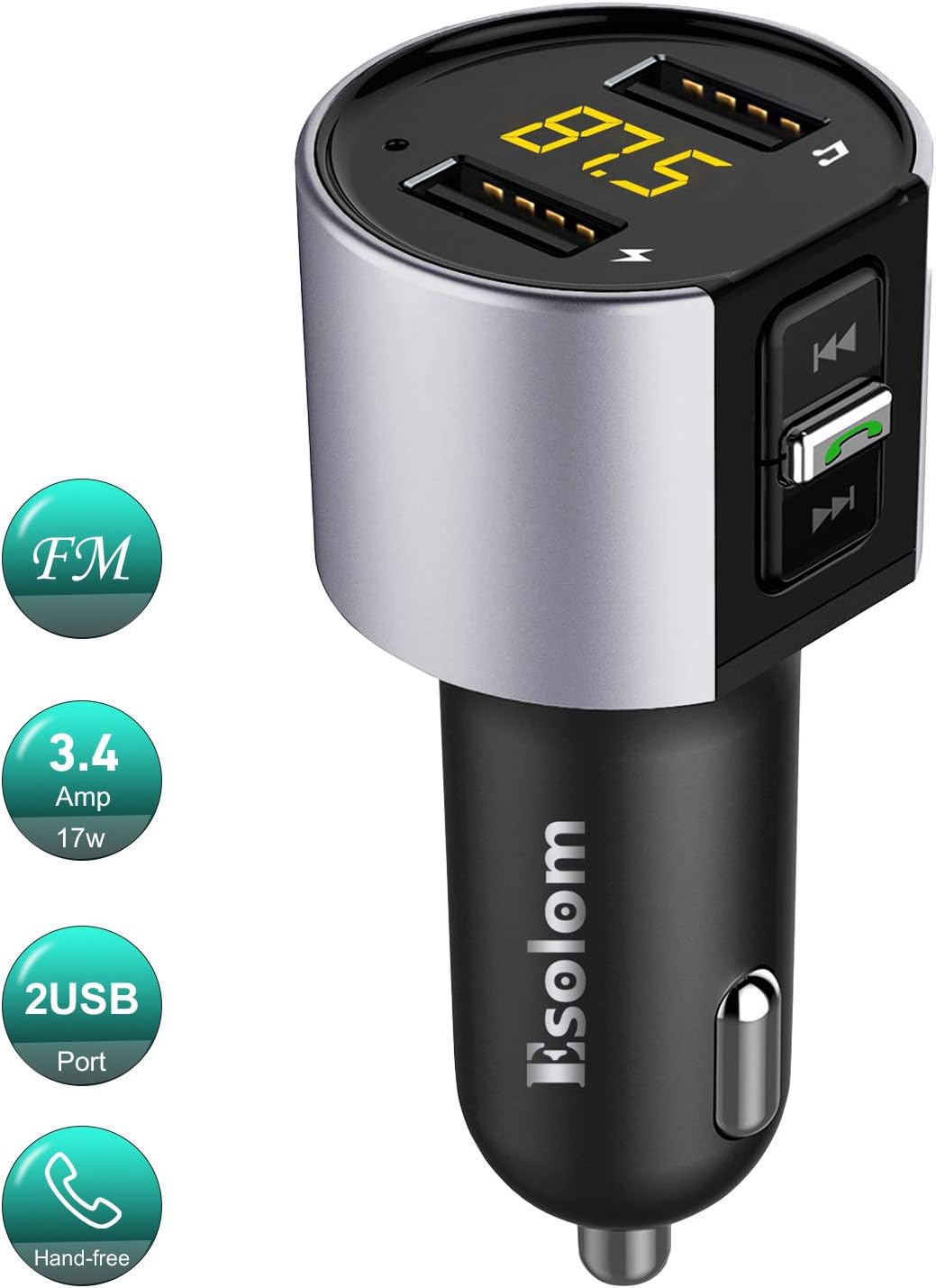 Bluetooth FM Transmitter, ESOLOM Radio Transmitter Car Wireless Audio Adapter Handsfree Car Kit with 5V 1A/2.4A Dual USB Charger Ports LED Voltage Display USB Flash Drive for iOS Android MP3