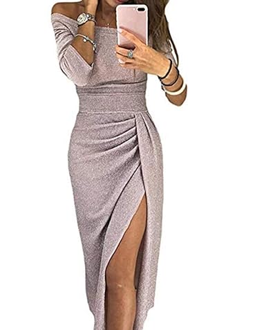 Yutila Damen Schulterfreies Kleid als Abendkleid Partykleid Ballkleid Maxikleid elegant glänzend und hoch geschnitten