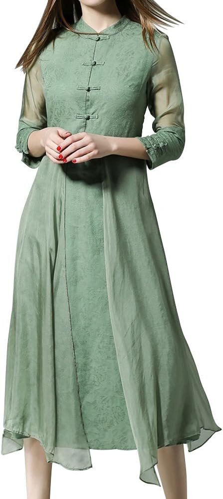 LACUS Women’s Fashion Retro Long Dress 3/4 Sleeve Printed Silk Dress (L , green)