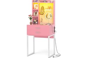 Besiost Small Vanity Desk with Hutch and Drawers, Pink Makeup Vanity Desk with Charging Station, Vanity Table Dressing Table with LED Lights, Vanity Desk No Mirror with Pegboard for Girls Women, 24"