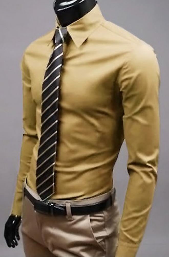 Camisa de vestir para hombre, manga larga, con botones, formal, para hombre, ajustada, cuello redondo, color puro, en 17 colores Beige caqui XXX-Large: Amazon.es: Ropa y accesorios