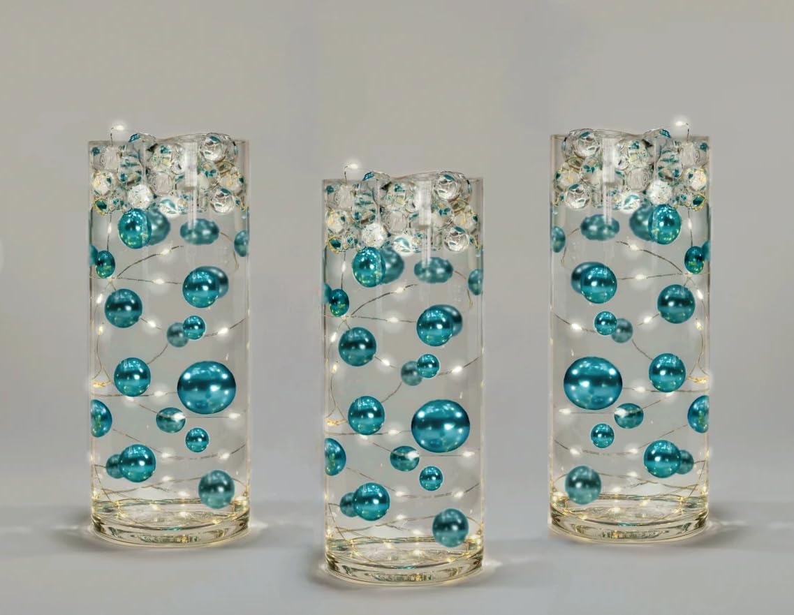 Vase Fillers - 'Floating' Turquoise Blue Pearls - No Hole Jumbo & Assorted Sizes Vase Decorations + Transparent Water Gels for Floating The Pearls