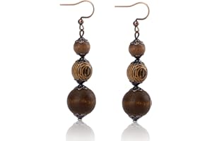 Wooden Beaded Dangle Earrings, Three Wood Beaded Dangle Drop Earrings Handmade Nature Vintage Boho Bohemian Jewelry Gifts Ide