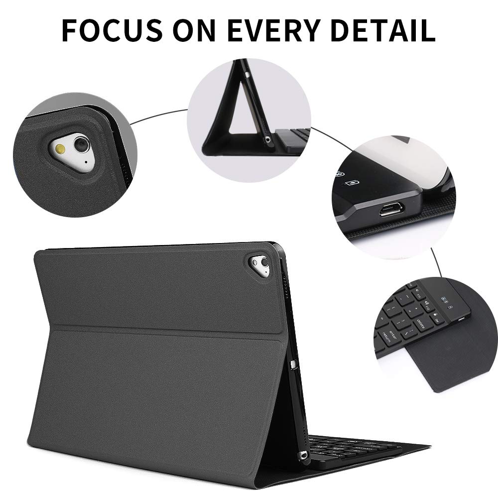 SENGBIRCH Compatible Keyboard Case iPad 9.7 2018 - iPad 9.7 2017 - iPad Air 2&1 - iPad Pro 9.7-7 Colors Backlit Detachable Keyboard - PU Leather Stand - iPad Keyboard Case, (Black,9.7)