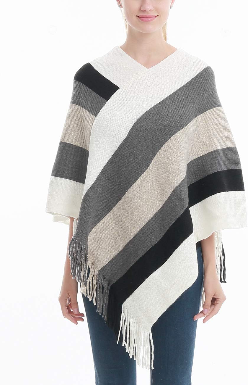 Women’s Elegant Knitted Poncho Top with Stripe Patterns and Fringed Sides